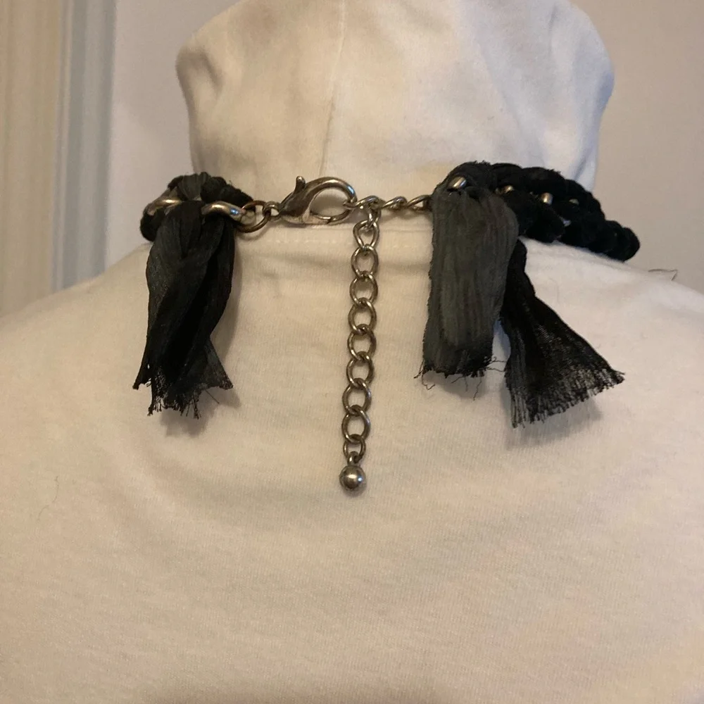 Ribbon Black and Silver Chain Choker Necklace - Picture 7 of 8